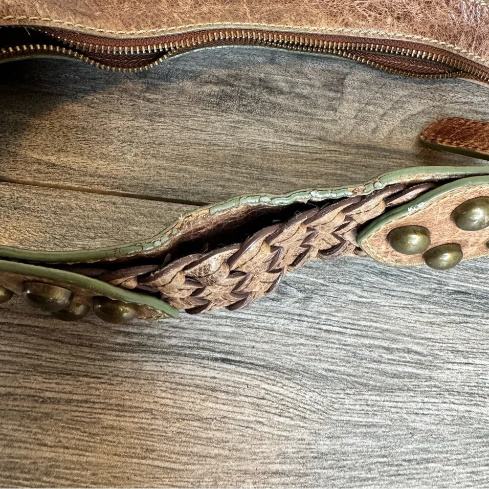 Isabella Fiore Oasis Hobo Brown Distressed Leather Brass Studded Shoulder Bag - Picture 14 of 16